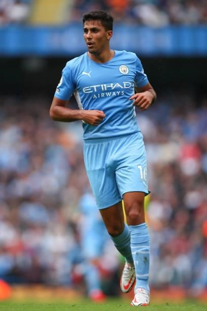 Rodri of Manchester City during the Premier League match between Manchester City and Norwich City at Etihad Stadium on August 21, 2021 in Manchester,...