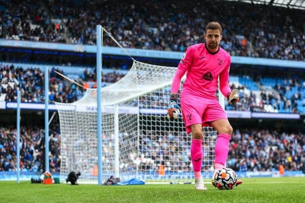 Tim Krul of Norwich City during the Premier League match between Manchester City and Norwich City at Etihad Stadium on August 21, 2021 in Manchester,...