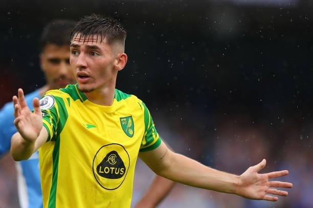 Billy Gilmour of Norwich City during the Premier League match between Manchester City and Norwich City at Etihad Stadium on August 21, 2021 in...