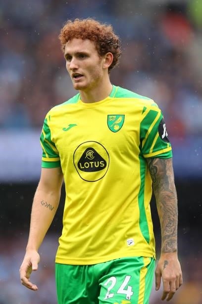 Josh Sargent of Norwich City during the Premier League match between Manchester City and Norwich City at Etihad Stadium on August 21, 2021 in...