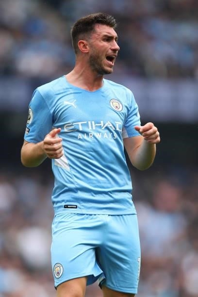 Aymeric Laporte of Manchester City during the Premier League match between Manchester City and Norwich City at Etihad Stadium on August 21, 2021 in...
