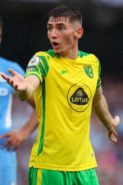 Billy Gilmour of Norwich City during the Premier League match between Manchester City and Norwich City at Etihad Stadium on August 21, 2021 in...