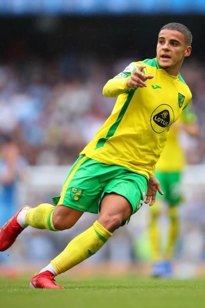 Max Aarons of Norwich City during the Premier League match between Manchester City and Norwich City at Etihad Stadium on August 21, 2021 in...