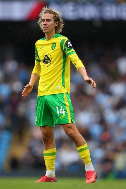 Todd Cantwell of Norwich City during the Premier League match between Manchester City and Norwich City at Etihad Stadium on August 21, 2021 in...