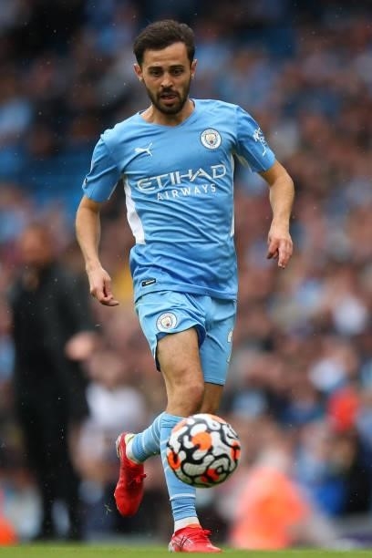 Bernardo Silva of Manchester City during the Premier League match between Manchester City and Norwich City at Etihad Stadium on August 21, 2021 in...