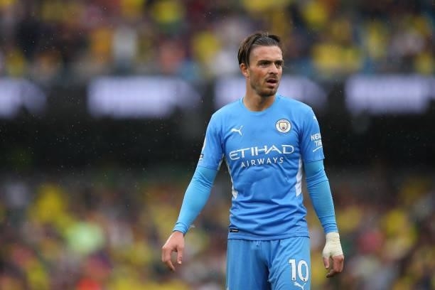 Jack Grealish of Manchester City during the Premier League match between Manchester City and Norwich City at Etihad Stadium on August 21, 2021 in...