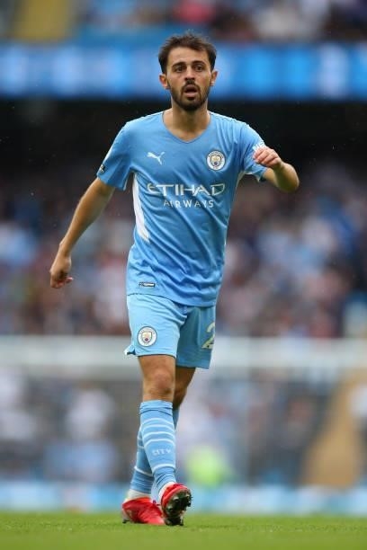 Bernardo Silva of Manchester City during the Premier League match between Manchester City and Norwich City at Etihad Stadium on August 21, 2021 in...