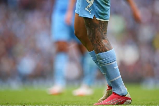 Tattoos on the legs of Gabriel Jesus of Manchester City during the Premier League match between Manchester City and Norwich City at Etihad Stadium on...