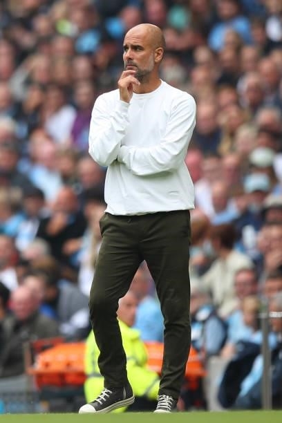 Pep Guardiola the head coach / manager of Manchester City during the Premier League match between Manchester City and Norwich City at Etihad Stadium...