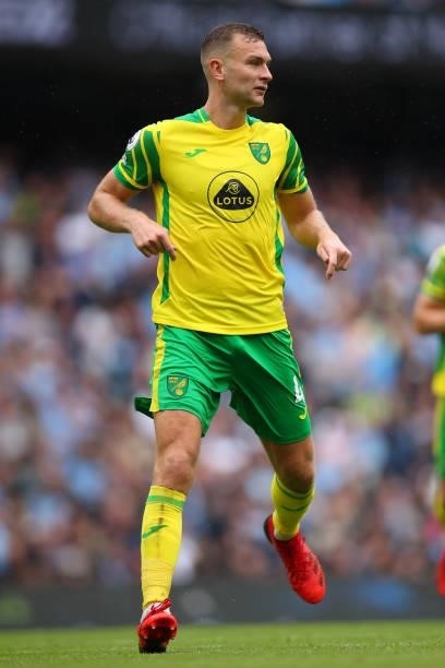Ben Gibson of Norwich City during the Premier League match between Manchester City and Norwich City at Etihad Stadium on August 21, 2021 in...