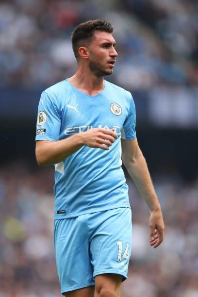 Aymeric Laporte of Manchester City during the Premier League match between Manchester City and Norwich City at Etihad Stadium on August 21, 2021 in...