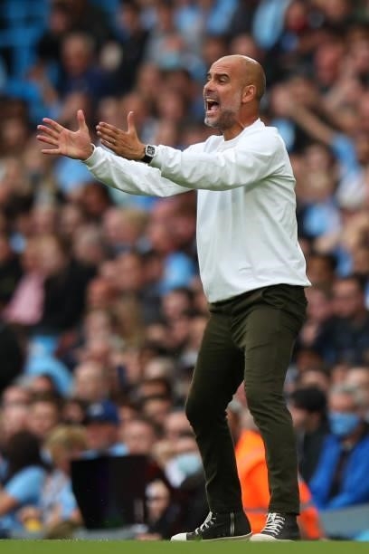 Pep Guardiola the head coach / manager of Manchester City during the Premier League match between Manchester City and Norwich City at Etihad Stadium...
