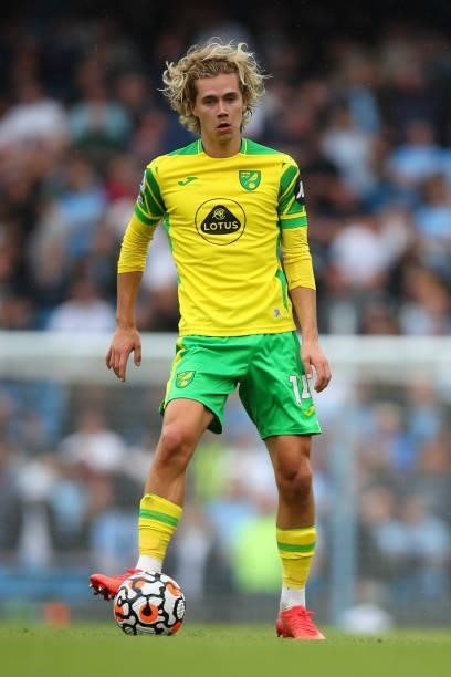Todd Cantwell of Norwich City during the Premier League match between Manchester City and Norwich City at Etihad Stadium on August 21, 2021 in...
