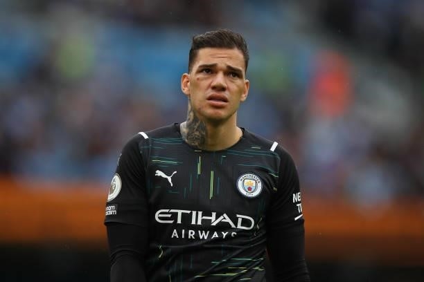 Ederson of Manchester City during the Premier League match between Manchester City and Norwich City at Etihad Stadium on August 21, 2021 in...