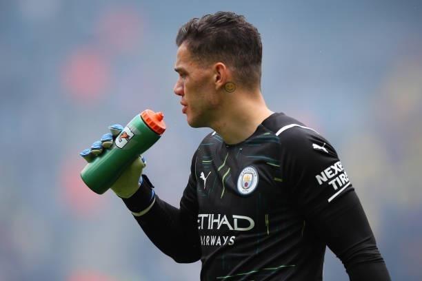 Ederson of Manchester City during the Premier League match between Manchester City and Norwich City at Etihad Stadium on August 21, 2021 in...