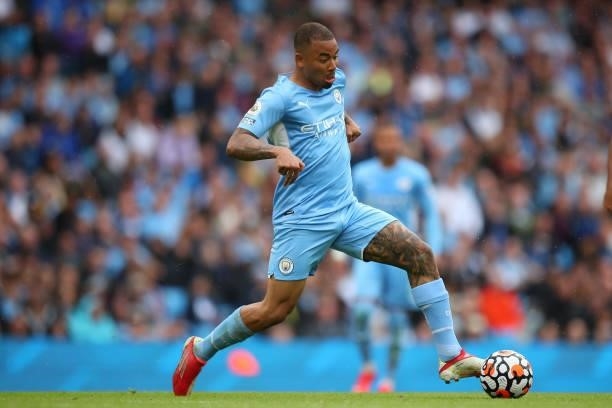 Gabriel Jesus of Manchester City during the Premier League match between Manchester City and Norwich City at Etihad Stadium on August 21, 2021 in...