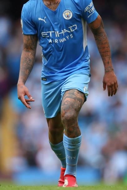 Tattoos on the legs and arms of Gabriel Jesus of Manchester City during the Premier League match between Manchester City and Norwich City at Etihad...