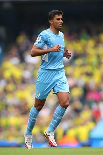 Rodri of Manchester City during the Premier League match between Manchester City and Norwich City at Etihad Stadium on August 21, 2021 in Manchester,...