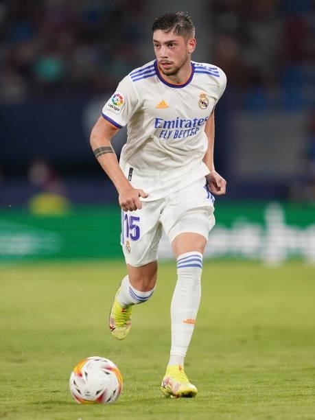 Fede Valverde of Real Madrid during the La Liga match between Levante UD v Real Madrid played at Ciutat Valencia Stadium on August 21, 2021 in...