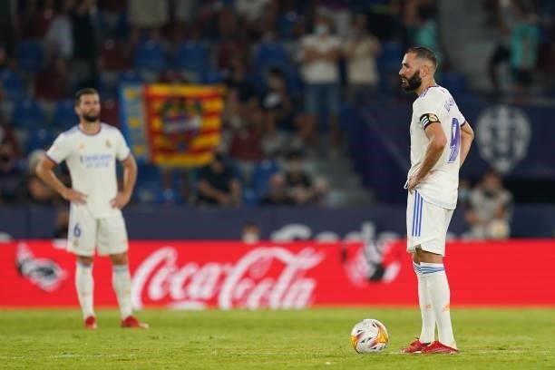 Karim Benzema of Real Madrid during the La Liga match between Levante UD v Real Madrid played at Ciutat Valencia Stadium on August 21, 2021 in...