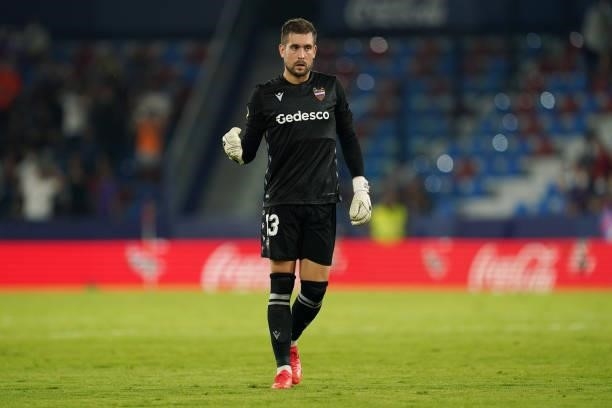Aitor Fernandez of Levante UD during the La Liga match between Levante UD v Real Madrid played at Ciutat Valencia Stadium on August 21, 2021 in...