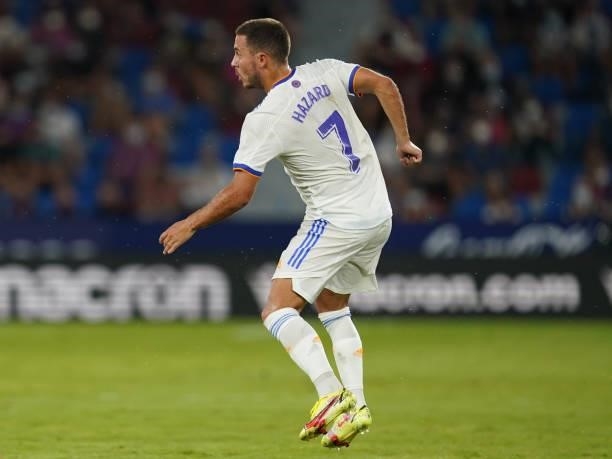 Eden hazard of Real Madrid during the La Liga match between Levante UD v Real Madrid played at Ciutat Valencia Stadium on August 21, 2021 in...