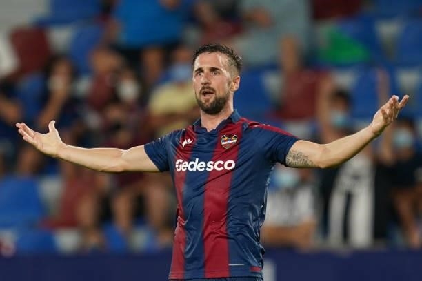 Jorge Miramon of Levante UD during the La Liga match between Levante UD v Real Madrid played at Ciutat Valencia Stadium on August 21, 2021 in...