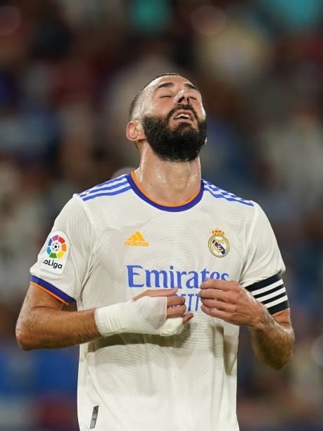 Karim Benzema of Real Madrid during the La Liga match between Levante UD v Real Madrid played at Ciutat Valencia Stadium on August 21, 2021 in...