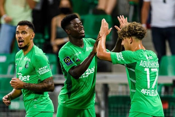 Saidow Sow of Saint-Étienne celebrating his goal with his teammate Adil Aouchiche of Saint-Étienne during the Ligue 1 Uber Eats match between Saint...