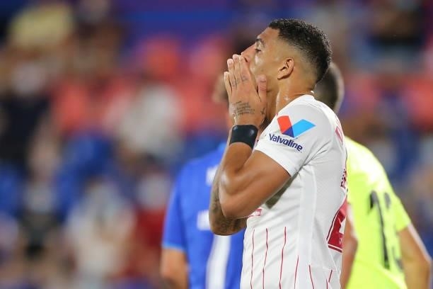 Diego Carlos of Sevilla FC during the La Liga match between Getafe CF and Sevilla FC played at Coliseum Alfonso Perez Stadium on August 23, 2021 in...