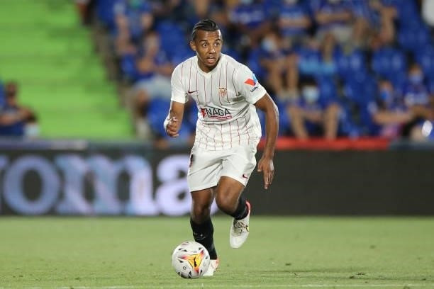 Jules Kounde of Sevilla FC during the La Liga match between Getafe CF and Sevilla FC played at Coliseum Alfonso Perez Stadium on August 23, 2021 in...