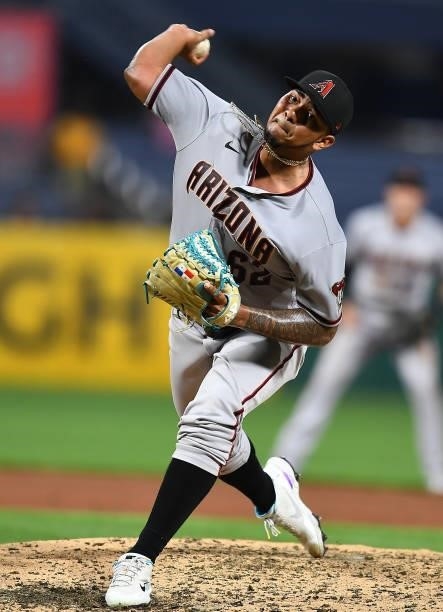 Humberto Mejia of the Arizona Diamondbacks pitches during the fifth inning against the Pittsburgh Pirates at PNC Park on August 23, 2021 in...