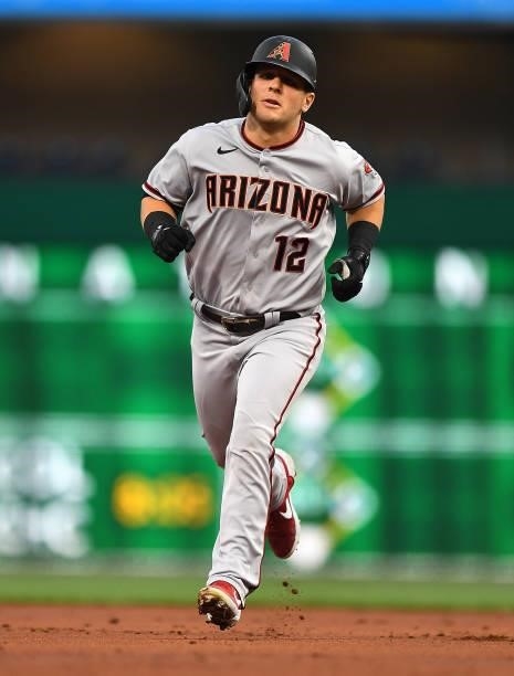 Daulton Varsho of the Arizona Diamondbacks rounds the bases after hitting a solo home run during the second inning against the Pittsburgh Pirates at...