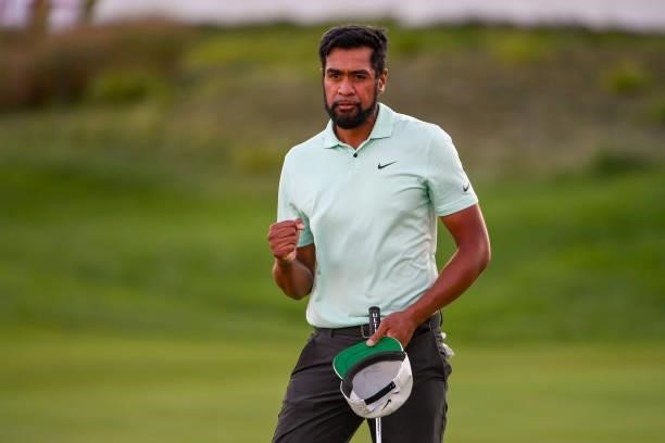 Tony Finau reacts to winning in a playoff during the weather delayed final round of THE NORTHERN TRUST at Liberty National Golf Club on August 23,...