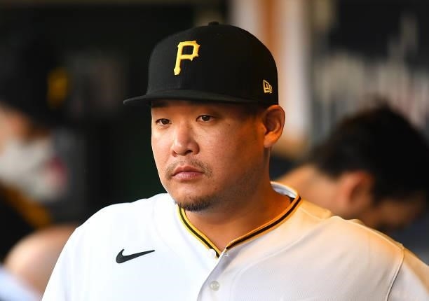 Yoshi Tsutsugo of the Pittsburgh Pirates looks on during the first inning against the Arizona Diamondbacks at PNC Park on August 23, 2021 in...