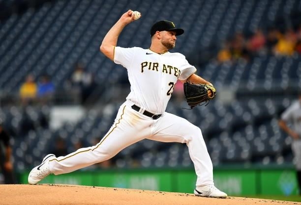 Wil Crowe of the Pittsburgh Pirates pitches during the first inning against the Arizona Diamondbacks at PNC Park on August 23, 2021 in Pittsburgh,...