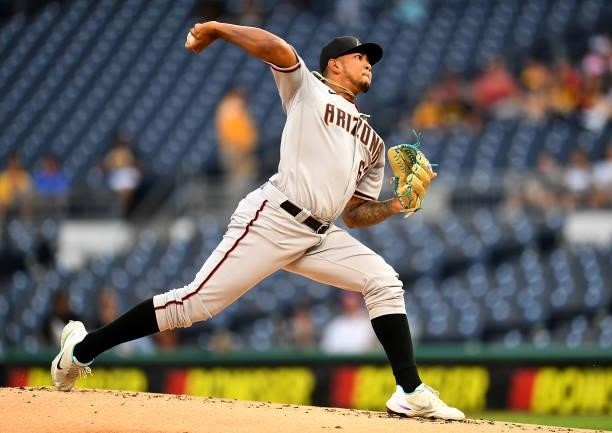 Humberto Mejia of the Arizona Diamondbacks pitches during the first inning against the Pittsburgh Pirates at PNC Park on August 23, 2021 in...