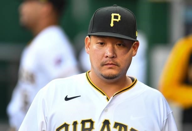 Yoshi Tsutsugo of the Pittsburgh Pirates looks on during the first inning against the Arizona Diamondbacks at PNC Park on August 23, 2021 in...