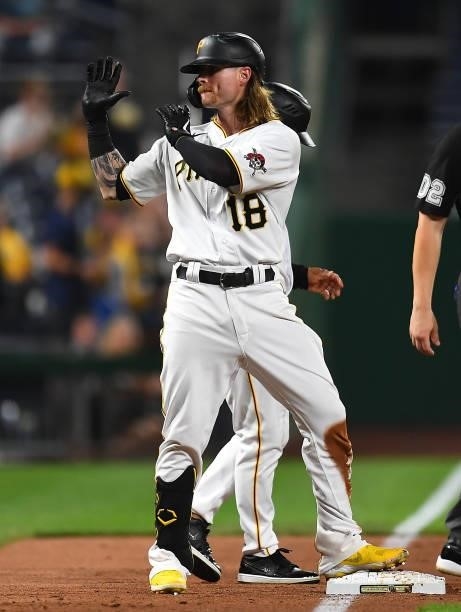 Ben Gamel of the Pittsburgh Pirates reacts after hitting a triple during the fifth inning against the Arizona Diamondbacks at PNC Park on August 23,...