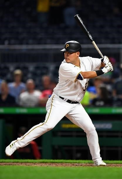 Yoshi Tsutsugo of the Pittsburgh Pirates bats during the seventh inning against the Arizona Diamondbacks at PNC Park on August 23, 2021 in...