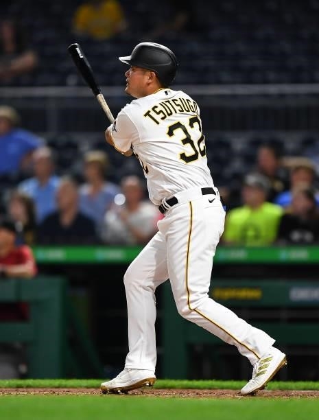 Yoshi Tsutsugo of the Pittsburgh Pirates watches his solo home run during the seventh inning against the Arizona Diamondbacks at PNC Park on August...