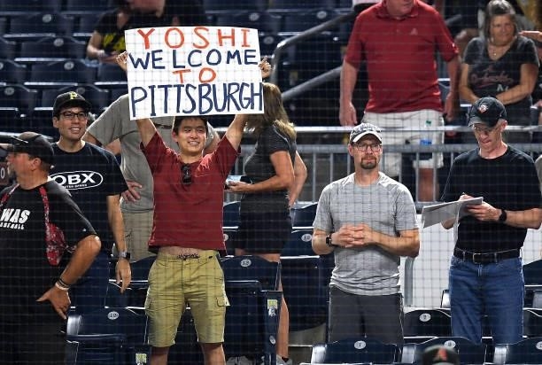 Fan shows support for Yoshi Tsutsugo of the Pittsburgh Pirates during the seventh inning of the game against the Arizona Diamondbacks at PNC Park on...