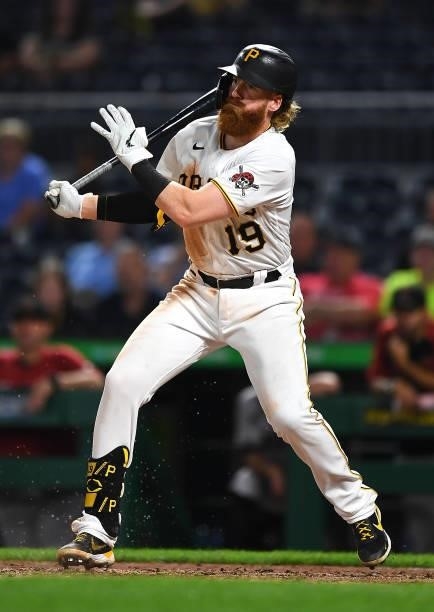 Colin Moran of the Pittsburgh Pirates hits a RBI single during the seventh inning against the Arizona Diamondbacks at PNC Park on August 23, 2021 in...