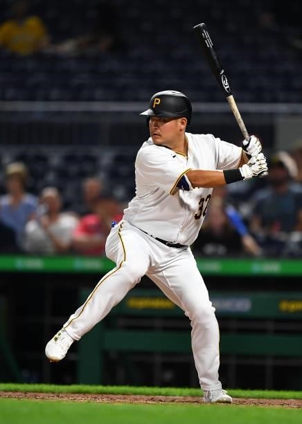 Yoshi Tsutsugo of the Pittsburgh Pirates bats during the seventh inning against the Arizona Diamondbacks at PNC Park on August 23, 2021 in...