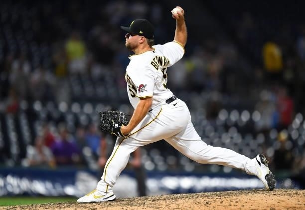 David Bednar of the Pittsburgh Pirates pitches during the ninth inning against the Arizona Diamondbacks at PNC Park on August 23, 2021 in Pittsburgh,...