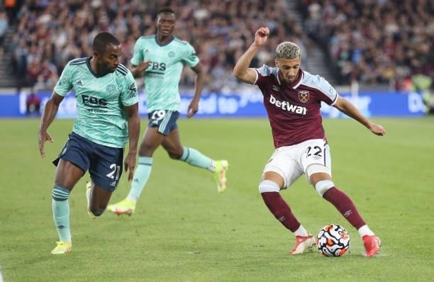 West Ham United's Said Benrahma and Leicester City's Ricardo Pereira during the Premier League match between West Ham United and Leicester City at...