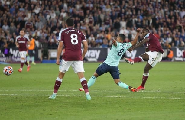 West Ham United's Michail Antonio with a shot in the second half during the Premier League match between West Ham United and Leicester City at The...