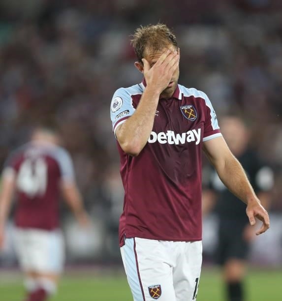 West Ham United's Craig Dawson during the Premier League match between West Ham United and Leicester City at The London Stadium on August 23, 2021 in...