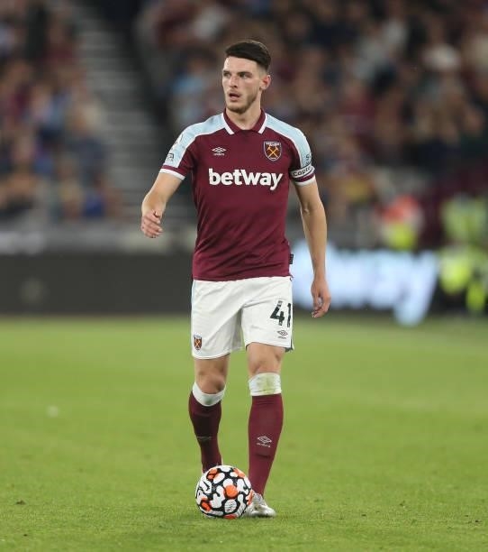 West Ham United's Declan Rice during the Premier League match between West Ham United and Leicester City at The London Stadium on August 23, 2021 in...
