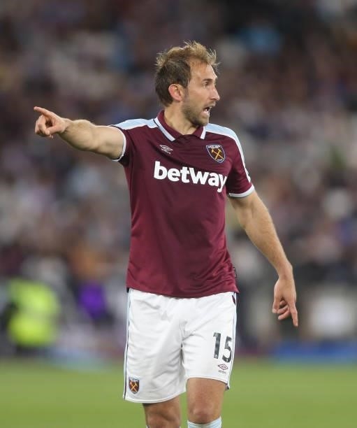 West Ham United's Craig Dawson during the Premier League match between West Ham United and Leicester City at The London Stadium on August 23, 2021 in...